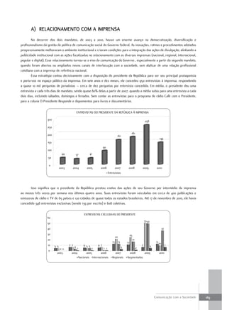 a) relaCionamento Com a imprenSa
        No decorrer dos dois mandatos, de 2003 a 2010, houve um enorme avanço na democratização, diversificação e
profissionalismo da gestão da política de comunicação social do Governo Federal. As inovações, rotinas e procedimentos adotados
progressivamente melhoraram o ambiente institucional e criaram condições para a integração das ações de divulgação, alinhando a
publicidade institucional com as ações focalizadas no relacionamento com as diversas imprensas (nacional, regional, internacional,
popular e digital). Esse relacionamento tornou-se o eixo da comunicação do Governo , especialmente a partir do segundo mandato,
quando foram abertos ou ampliados novos canais de interlocução com a sociedade, sem abdicar de uma relação profissional
cotidiana com a imprensa de referência nacional.
        Essa estratégia contou decisivamente com a disposição do presidente da República para ser seu principal protagonista
e porta-voz no espaço público da imprensa. Em sete anos e dez meses, ele concedeu 950 entrevistas à imprensa, respondendo
a quase 10 mil perguntas de jornalistas – cerca de dez perguntas por entrevista concedida. Em média, o presidente deu uma
entrevista a cada três dias de mandato, sendo quase 80% delas a partir de 2007, quando a média subiu para uma entrevista a cada
dois dias, incluindo sábados, domingos e feriados. Sem contar as entrevistas para o programa de rádio Café com o Presidente,
para a coluna O Presidente Responde e depoimentos para livros e documentários.


                                                 ENTREVISTAS DO PRESIDENTE DA REPÚBLICA À IMPRENSA

                   300
                                                                                                                         258
                   250

                   200                                                                                  181
                                                                                     161
                                                                                                                                           144
                    150
                                                                      90
                    100
                                 44          37            41
                    50

                    0
                                2003     2004           2005       2006             2007           2008              2009             2010
                                                                           Entrevistas



       Isso significa que o presidente da República prestou contas das ações de seu Governo por intermédio da imprensa
ao menos três vezes por semana nos últimos quatro anos. Suas entrevistas foram veiculadas em cerca de 400 publicações e
emissoras de rádio e TV de 65 países e 120 cidades de quase todos os estados brasileiros. Até 17 de novembro de 2010, ele havia
concedido 348 entrevistas exclusivas (sendo 139 por escrito) e 608 coletivas.


                                                      ENTREVISTAS EXCLUSIVAS DO PRESIDENTE
                   60
                                                                                                                         51 50
                   50
                   40                                                                                                                           37
                   30                                                                                  25
                                                                                    22
                   20                                                                                       17
                                                                               13        13       12                                  13
                                                                                                                                           10
                    10    5 5          7 7            65 5       67                                                  7           5                   7
                                             4                                                3                  2
                             00             1               1         1 1
                    0
                           2003         2004            2005       2006         2007                2008      2009                         2010
                                                  Nacionais Internacionais    Regionais           Segmentadas




                                                                                                                                     Comunicação com a Sociedade   189
 