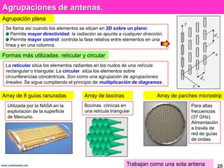 Agrupaciones de antenas.
Agrupación plana
   Se llama así cuando los elementos se sitúan en 2D sobre un plano:
      Permite mayor directividad: la radiación se apunta a cualquier dirección.
      Permite mayor control: controla la fase relativa entre elementos en una
   línea y en una columna.

Formas más utilizadas: reticular y circular
   La reticular sitúa los elementos radiantes en los nudos de una retícula
   rectangular o triangular. La circular sitúa los elementos sobre
   circunferencias concéntricas. Son como una agrupación de agrupaciones
   lineales. Se sigue cumpliendo el principio de multiplicación de diagramas .

Array de 8 guías ranuradas               Array de bocinas                   Array de parches microstrip
    Utilizada por la NASA en la          Bocinas cónicas en                               Para altas
    exploración de la superficie         una retícula triangular                          frecuencias
    de Mercurio.                                                                          (37 GHz).
                                                                                          Alimentación
                                                                                          a través de
                                                                                          red de guías
                                                                                          de ondas.




www.coimbraweb.com                                            Trabajan como una sola antena          20
 