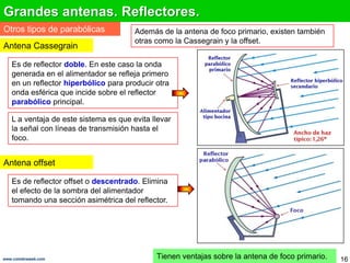 Grandes antenas. Reflectores.Otros tipos de parabólicasAdemás de la antena de foco primario, existen también otras como la Cassegrain y la offset.Antena CassegrainEs de reflector doble. En este caso la onda generada en el alimentador se refleja primero en un reflector hiperbólico para producir otra onda esférica que incide sobre el reflector parabólico principal. L a ventaja de este sistema es que evita llevar la señal con líneas de transmisión hasta el foco. Antena offsetEs de reflector offset o descentrado. Elimina el efecto de la sombra del alimentador tomando una sección asimétrica del reflector. Tienen ventajas sobre la antena de foco primario.16www.coimbraweb.com