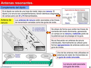 Antenas resonantes.Complemento del dipoloSi el dipolo se corta de una hoja de metal, deja una ranura. El dipolo y la ranura son complementarios; tienen idénticos diagramas de campo pero con E y H intercambiados.Antena de ranuraLas antenas de ranura están asociadas a las líneas de transmisión cerradas como las guías de onda. Se sitúan de forma que corten las líneas de corriente del modo dominante, generando un campo en la ranura y radiando parte de la potencia que se propaga en la guía.No es frecuente ver antenas de ranura individuales. Normalmente se utilizan para formar agrupaciones de antenas sobre una guía de ondas.Una de las antenas más utilizadas en sistemas de radar de microondas es la guía de onda ranurada.La ranura está asociada a la guía de onda.8www.coimbraweb.com