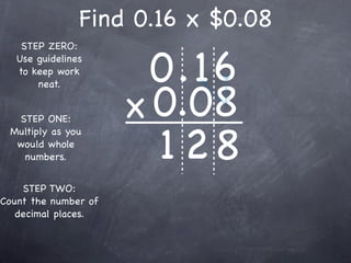Find 0.16 x $0.08

                        0.16
    STEP ZERO:
   Use guidelines
   to keep work



                      x 0.08
       neat.


  STEP ONE:


                        128
 Multiply as you
  would whole
   numbers.


    STEP TWO:
Count the number of
   decimal places.
 