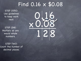 Find 0.16 x $0.08

                        0.16
    STEP ZERO:
   Use guidelines
   to keep work



                      x 0.08
       neat.


  STEP ONE:


                        128
 Multiply as you
  would whole
   numbers.


    STEP TWO:
Count the number of
   decimal places.
 