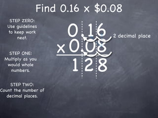 Find 0.16 x $0.08

                        0.16
    STEP ZERO:
   Use guidelines
   to keep work
                               2 decimal place

                      x 0.08
       neat.


  STEP ONE:


                        128
 Multiply as you
  would whole
   numbers.


    STEP TWO:
Count the number of
   decimal places.
 
