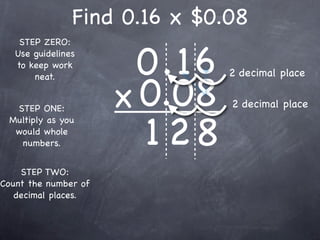 Find 0.16 x $0.08

                        0.16
    STEP ZERO:
   Use guidelines
   to keep work
                               2 decimal place

                      x 0.08
       neat.


  STEP ONE:                    2 decimal place


                        128
 Multiply as you
  would whole
   numbers.


    STEP TWO:
Count the number of
   decimal places.
 