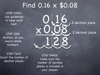 Find 0.16 x $0.08

                         0.16
    STEP ZERO:
   Use guidelines
   to keep work
                                              2 decimal place

                       x 0.08
       neat.


  STEP ONE:                                   2 decimal place


                      . 128
 Multiply as you
  would whole
   numbers.


    STEP TWO:
                          STEP THREE:
Count the number of
                         Make sure the
   decimal places.
                       number of decimal
                      places is included in
                          your answer.
 