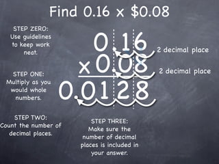 Find 0.16 x $0.08

                        0.16
    STEP ZERO:
   Use guidelines
   to keep work
                                              2 decimal place

                      x 0.08
       neat.


  STEP ONE:                                   2 decimal place


                    0.0 1 2 8
 Multiply as you
  would whole
   numbers.


    STEP TWO:
                          STEP THREE:
Count the number of
                         Make sure the
   decimal places.
                       number of decimal
                      places is included in
                          your answer.
 