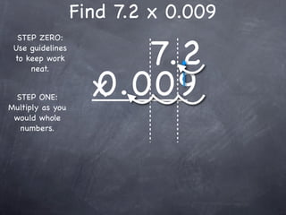 Find 7.2 x 0.009

                       7.2
  STEP ZERO:
 Use guidelines
 to keep work



                    0.009
     neat.


 STEP ONE:
Multiply as you
                    x
 would whole
  numbers.
 