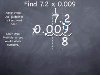 Find 7.2 x 0.009
                           1
                       7.2
  STEP ZERO:
 Use guidelines
 to keep work



                    0.009
     neat.


 STEP ONE:          x
                         8
Multiply as you
 would whole
  numbers.
 