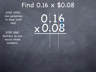 Find 0.16 x $0.08

                    0.16
  STEP ZERO:
 Use guidelines
 to keep work



                  x 0.08
     neat.


 STEP ONE:
Multiply as you
 would whole
  numbers.
 