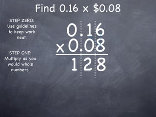 Find 0.16 x $0.08

                    0.16
  STEP ZERO:
 Use guidelines
 to keep work



                  x 0.08
     neat.


 STEP ONE:


                    128
Multiply as you
 would whole
  numbers.
 