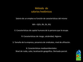 Salario de un empleo es función de características del mismo 
Wh= S(Eh, Rh, Sh, Xh) 
E: Características de capital humano de la persona que lo ocupa. 
R: Características de riesgo, salubridad, Higiene. 
S: Tamaño de la empresa, presencia de sindicatos, nivel de afiliación. 
X: Características medioambientales: 
Nivel de ruido, calor, localización geográfica. Derivada parcial. 
Método de 
salarios hedónicos  