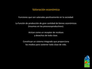 Funcionesque son valoradas positivamente en la sociedad: 
La función de producción de gran cantidad de bienes económicos 
(insumos en los procesosproductivos). 
Actúan como un receptor de residuos 
y desechos de toda clase. 
Constituyeun sistema integrado que proporciona 
los medios para sostener toda clase de vida. 
Valoración económica  