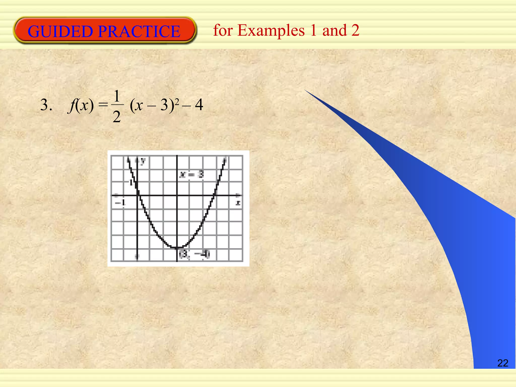 GUIDED PRACTICE for Examples 1 and 2 3.  f ( x )   =  ( x  – 3) 2  – 4 12 