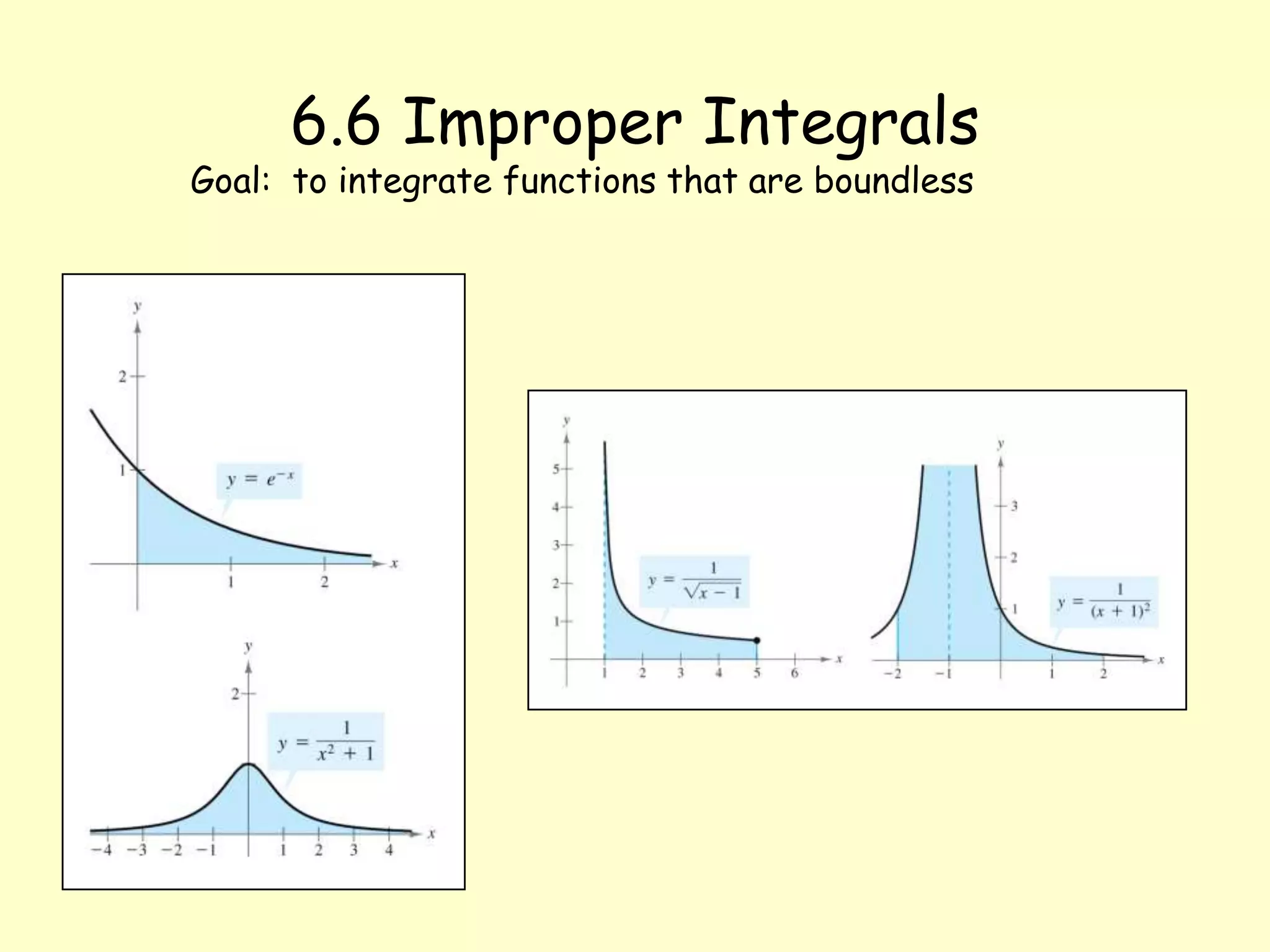 6.6 Improper Integrals Goal: to integrate functions that are boundless