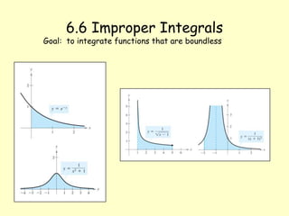 6.6 Improper Integrals Goal:  to integrate functions that are boundless 