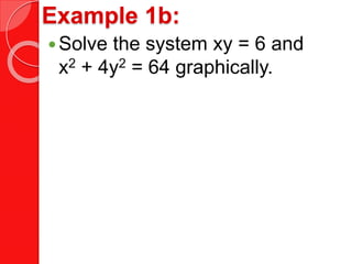 Example 1b:
Solve the system xy = 6 and
x2 + 4y2 = 64 graphically.
 