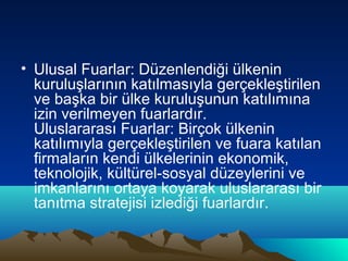 • Ulusal Fuarlar: Düzenlendiği ülkenin
kuruluşlarının katılmasıyla gerçekleştirilen
ve başka bir ülke kuruluşunun katılımına
izin verilmeyen fuarlardır.
Uluslararası Fuarlar: Birçok ülkenin
katılımıyla gerçekleştirilen ve fuara katılan
firmaların kendi ülkelerinin ekonomik,
teknolojik, kültürel-sosyal düzeylerini ve
imkanlarını ortaya koyarak uluslararası bir
tanıtma stratejisi izlediği fuarlardır.

 