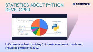 STATISTICS ABOUT PYTHON
DEVELOPER
Let's have a look at the rising Python development trends you
should be aware of in 2022.
 