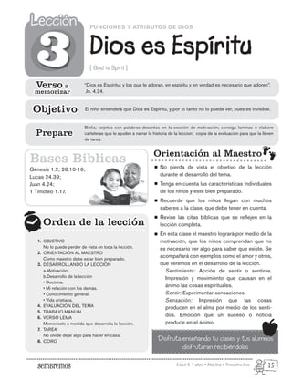 Edad: 6-7 años • Año Uno • Trimestre Uno
FUNCIONES Y ATRIBUTOS DE DIOS
Dios es Espíritu
Lección
Lección
[ God is Spirit ]
Génesis 1.2; 28.10-16;
Lucas 24.39;
Juan 4.24;
1 Timoteo 1.17.
Orden de la lección
Orden de la lección
3
3
Orientación al Maestro
No pierda de vista el objetivo de la lección
durante el desarrollo del tema.
Tenga en cuenta las características individuales
de los niños y esté bien preparado.
Recuerde que los niños llegan con muchos
saberes a la clase, que debe tener en cuenta.
Revise las citas bíblicas que se reflejen en la
lección completa.
En esta clase el maestro logrará por medio de la
motivación, que los niños comprendan que no
es necesario ver algo para saber que existe. Se
acompañará con ejemplos como el amor y otros,
que veremos en el desarrollo de la lección.
Sentimiento: Acción de sentir o sentirse.
Impresión y movimiento que causan en el
ánimo las cosas espirituales.
Sentir: Experimentar sensaciones.
Sensación: Impresión que las cosas
producen en el alma por medio de los senti-
dos. Emoción que un suceso o noticia
produce en el ánimo.
Disfruta enseñando tu clases y tus alumnos
disfrutaran recibiéndolas
Bases Biblicas
Verso a
memorizar
Verso a
memorizar
El niño entenderá que Dios es Espíritu, y por lo tanto no lo puede ver, pues es invisible.
Objetivo
Objetivo
Biblia; tarjetas con palabras descritas en la sección de motivación; consiga laminas o elabore
carteleras que le ayuden a narrar la historia de la leccion; copia de la evaluacion para que la lleven
de tarea.
Prepare
Prepare
“Dios es Espíritu; y los que le adoran, en espíritu y en verdad es necesario que adoren”,
Jn. 4.24.
OBJETIVO
No lo puede perder de vista en toda la lección.
ORIENTACIÓN AL MAESTRO
Como maestro debe estar bien preparado.
DESARROLLANDO LA LECCIÓN
a.Motivación
b.Desarrollo de la lección
• Doctrina.
• Mi relación con los demás.
• Conocimiento general.
• Vida cristiana.
EVALUACIÓN DEL TEMA
TRABAJO MANUAL
VERSO LEMA
Memorícelo a medida que desarrolla la lección.
TAREA
No olvide dejar algo para hacer en casa.
CORO
1.
2.
3.
4.
5.
6.
7.
8.
15
 