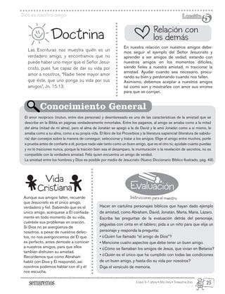 Evaluación
Instrucciones para el maestro
Edad: 6-7 años • Año Uno • Trimestre Uno
Dios es nuestro amigo Lección
Lección
5
5
Las Escrituras nos muestra quién es un
verdadero amigo, y encontramos que no
puede haber uno mejor que el Señor Jesu-
cristo, pues fue capaz de dar su vida por
amor a nosotros, “Nadie tiene mayor amor
que éste, que uno ponga su vida por sus
amigos”, Jn. 15.13.
Aunque sus amigos fallen, recuerde
que Jesucristo es el único amigo,
verdadero y fiel. Sabiendo que es el
único amigo, acérquese a Él confiada-
mente en todo momento de su vida,
cuéntele sus problemas en oración.
Si Dios no se avergüenza de
nosotros, a pesar de nuestros defec-
tos, no nos avergoncemos de Él que
es perfecto, antes démosle a conocer
a nuestros amigos, para que ellos
también disfruten su amistad.
Recordemos que como Abraham
habló con Dios y Él respondió, así
nosotros podemos hablar con él y él
nos escucha.
Doctrina
En nuestra relación con nuestros amigos debe-
mos seguir el ejemplo del Señor Jesucristo y
aprender a ser amigos de vedad, estando con
nuestros amigos en los momentos difíciles,
siendo fieles a nuestra amistad, ni traicionar la
amistad. Ayudar cuando sea necesario, procu-
rando su bien y perdonando cuando nos fallen.
Asimismo, debemos aceptar a nuestros amigos
tal como son y mostrarles con amor sus errores
para que se corrijan.
Hacer en cartulina personajes bíblicos que hayan dado ejemplo
de amistad, como Abraham, David, Jonatán, Marta, María, Lázaro.
Escriba las preguntas de la evaluación detrás del personaje,
péguelas con cinta en el tablero; pida a un niño para que elija un
personaje y responda la pregunta:
• ¿Quién fue llamado “el amigo de Dios”?
• Mencione cuatro aspectos que debe tener un buen amigo.
• ¿Cómo se llamaban los amigos de Jesús, que vivían en Betania?
• ¿Quién es el único que ha cumplido con todas las condiciones
de un buen amigo, y hasta dio su vida por nosotros?
Diga el versículo de memoria.
El amor recíproco (mutuo, entre dos personas) y desinteresado es una de las características de la amistad que se
describe en la Biblia en páginas verdaderamente inmortales. Entre los paganos, al amigo se amaba como a la mitad
del alma (mitad de mi alma), pero el alma de Jonatán se apegó a la de David y le amó Jonatán como a sí mismo, le
amaba como a su alma, como a su propia vida. El libro de los Proverbios y la literatura sapiencial (literatura de sabidu-
ría) dan consejos sobre la manera de conseguir, seleccionar y tratar a los amigos: Elige el amigo entre muchos, ponle
a prueba antes de confiarte a él, porque nada vale tanto como un buen amigo, que es el otro tú; ayúdale cuanto puedas
y no lo traiciones nunca, porque la traición bien sea el desamparo, la murmuración o la revelación de secretos, no es
compatible con la verdadera amistad. Feliz quien encuentra un amigo de verdad.
La amistad entre los hombres y Dios es posible por medio de Jesucristo (Nuevo Diccionario Bíblico Ilustrado, pág. 49).
Relación con
los demás
Conocimiento General
Vida
Cristiana
25
 