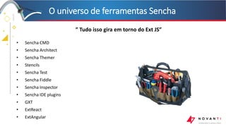 +
+
+
+ • Sencha CMD
• Sencha Architect
• Sencha Themer
• Stencils
• Sencha Test
• Sencha Fiddle
• Sencha Inspector
• Sencha IDE plugins
• GXT
• ExtReact
• ExtAngular
O universo de ferramentas Sencha
” Tudo isso gira em torno do Ext JS”
 