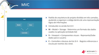 +
+
+
+
MVC
 Padrão de arquitetura de projeto dividido em três camadas,
ajudando a organizar o código dentro de uma representação
lógica de informações
 Introduzido na versão Ext JS 4
 M – Model + Storage - Determina um formato dos dados
usados na aplicação (entidade bd)
 V – Viewport + Componentes visuais - Representa/Exibe
dados para o usuário
 C – Controllers clássicos do Ext JS 4 - Registra referencias e
escuta por eventos das views
 