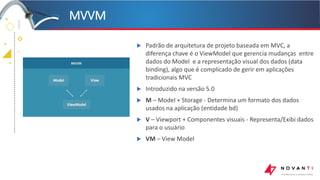 +
+
+
+
MVVM
 Padrão de arquitetura de projeto baseada em MVC, a
diferença chave é o ViewModel que gerencia mudanças entre
dados do Model e a representação visual dos dados (data
binding), algo que é complicado de gerir em aplicações
tradicionais MVC
 Introduzido na versão 5.0
 M – Model + Storage - Determina um formato dos dados
usados na aplicação (entidade bd)
 V – Viewport + Componentes visuais - Representa/Exibi dados
para o usuário
 VM – View Model
 