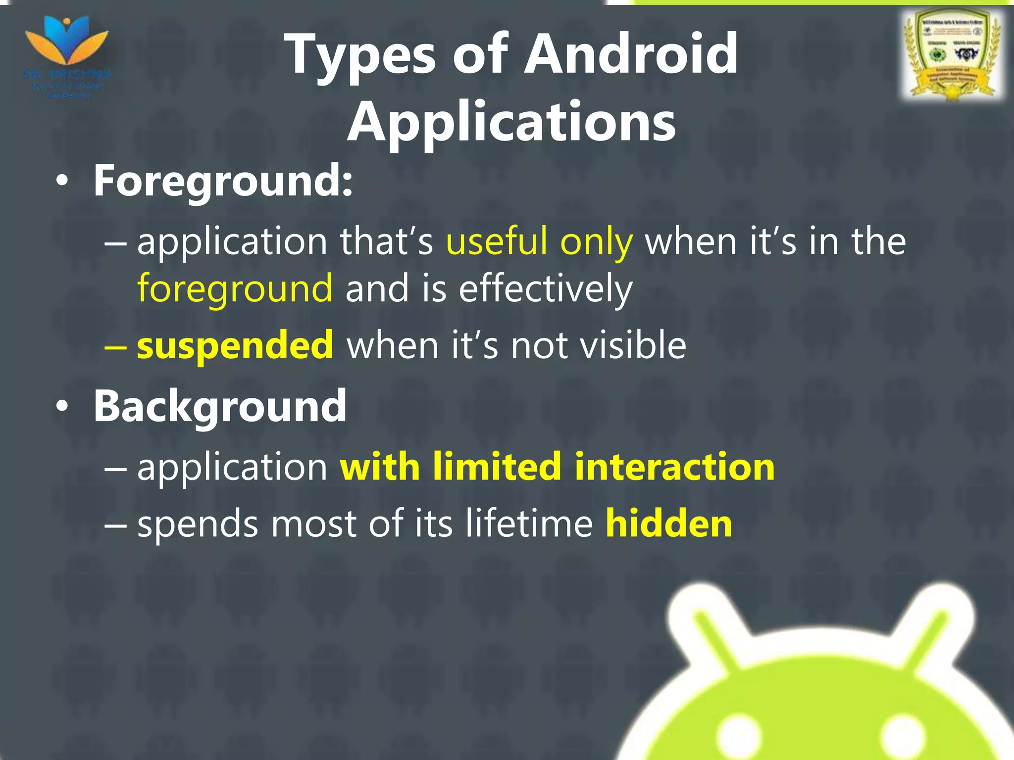 Types of Android
Applications
• Foreground:
– application that’s useful only when it’s in the
foreground and is effectively
– suspended when it’s not visible
• Background
– application with limited interaction
– spends most of its lifetime hidden
 