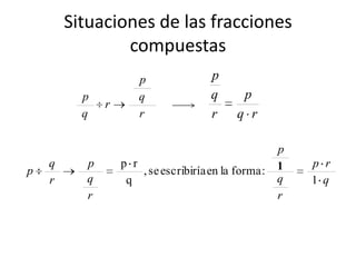 Situaciones de las fracciones
                compuestas
                      p               p
          p           q               q       p
              r
          q           r               r     q r

                                                      p
    q     p       p r                                 1   p r
p                     , se escribiría en la forma :
    r     q        q                                  q   1 q
          r                                           r
 