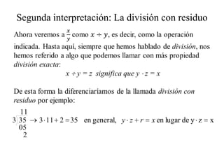 Segunda interpretación: La división con residuo




  11
3 35   3 11 2 35 en general, y z r   x en lugar de y z   x
  05
   2
 