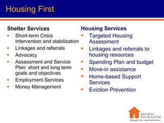 Shelter Services Short-term Crisis Intervention and stabilization Linkages and referrals Advocacy Assessment and Service Plan: short and long term goals and objectives Employment Services Money Management Housing First Housing Services Targeted Housing Assessment Linkages and referrals to housing resources Spending Plan and budget Move-in assistance Home-based Support Services Eviction Prevention 