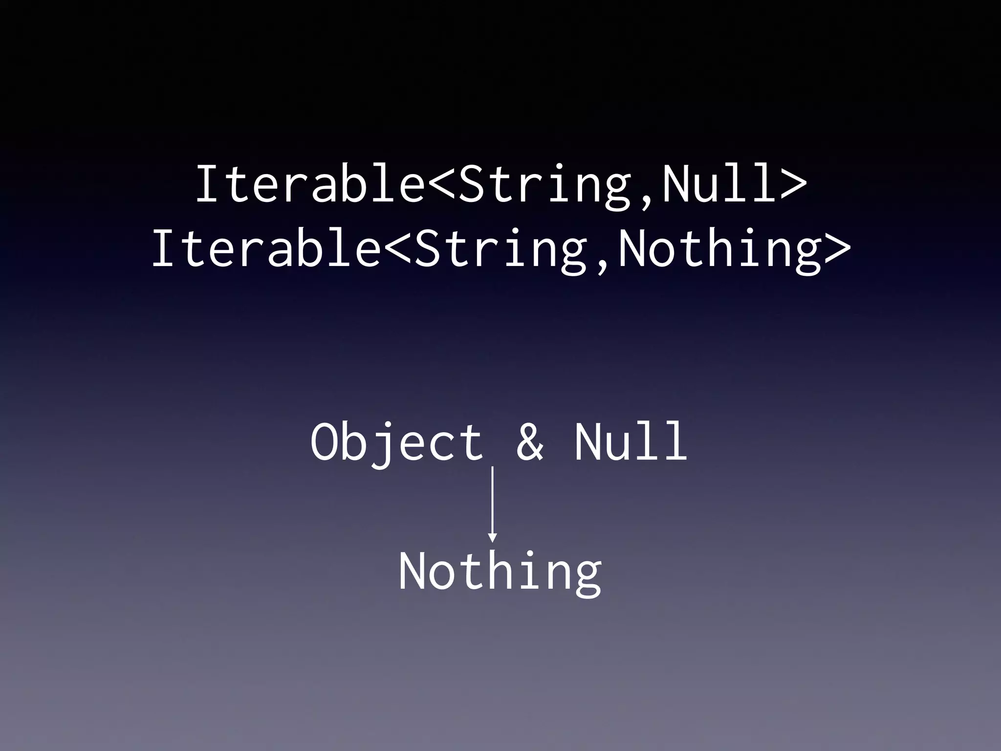 Iterable<String,Null>
Iterable<String,Nothing>
Object & Null
Nothing
 