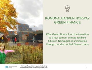 KOMUNALBANKEN NORWAY
GREEN FINANCE
KBN Green Bonds fund the transition
to a low-carbon, climate resilient
future in Norwegian municipalities
through our discounted Green Loans
1
Norway's first public energy positive building,
a kindergarten under construction close to Oslo
 
