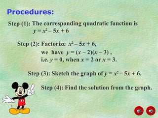 Procedures:   Step (2):   we  have  y  = ( x  – 2)( x –  3) , i.e.  y  = 0, when  x  = 2 or  x  = 3. Factorize  x 2  – 5 x  + 6, The corresponding quadratic function is    y  =  x 2  – 5 x  + 6 Sketch the graph of  y  =  x 2  – 5 x  + 6. Step (1): Step (3): Step (4): Find the solution from the graph. 
