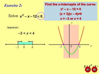 Solve Exercise 2 : – 3 <  x  < 4 Answer: Find the x-intercepts of the curve: x 2  – x – 12 = 0 (x + 3)(x – 4)=0 x = –3 or x = 4 x y 0 0 – 3 4 – 3 4 