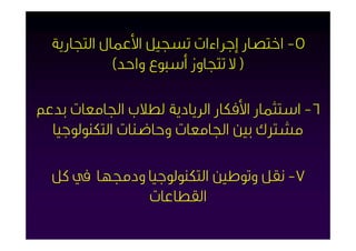 ‫٥- اﺧﺘﺼﺎر إﺟﺮاءات ﺗﺴﺠﻴﻞ اﻷﻋﻤﺎل اﻟﺘﺠﺎرﻳﺔ‬
             ‫) ﻻ ﺗﺘﺠﺎوز أﺳﺒﻮع واﺣﺪ(‬

‫٦- اﺳﺘﺜﻤﺎر اﻷﻓﻜﺎر اﻟﺮﻳﺎدﻳﺔ ﻟﻄﻼب اﳉﺎﻣﻌﺎت ﺑﺪﻋﻢ‬
  ‫ﻣﺸﱰك ﺑﲔ اﳉﺎﻣﻌﺎت وﺣﺎﺿﻨﺎت اﻟﺘﻜﻨﻮﻟﻮﺟﻴﺎ‬

  ‫٧- ﻧﻘﻞ وﺗﻮﻃﲔ اﻟﺘﻜﻨﻮﻟﻮﺟﻴﺎ ودﳎﻬﺎ ﰲ ﻛﻞ‬
             ‫اﻟﻘﻄﺎﻋﺎت‬
 