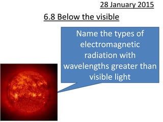 6.8 Below the visible
28 January 2015
Name the types of
electromagnetic
radiation with
wavelengths greater than
visible light
 