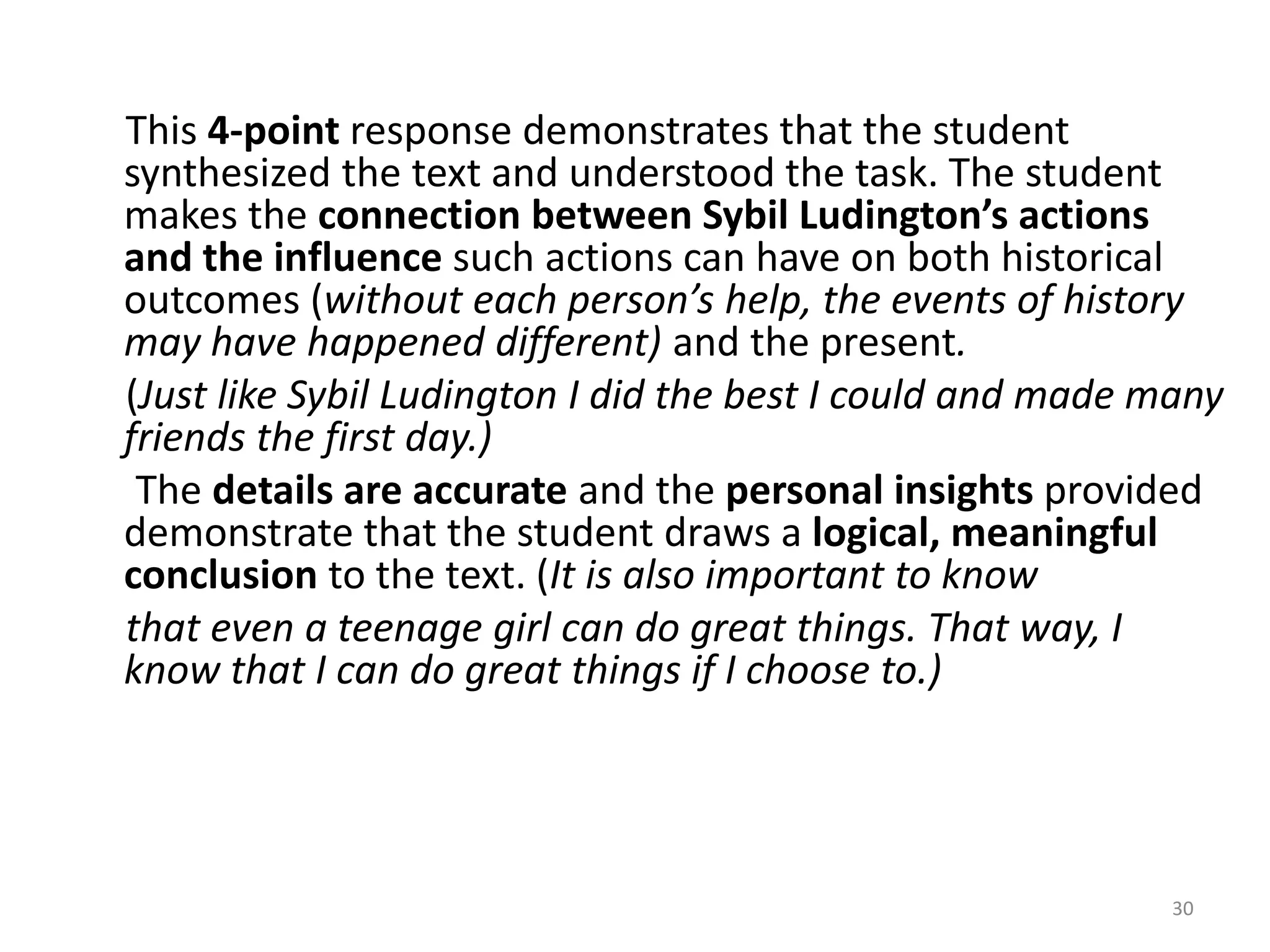    Although the student provides a few facts from the passage (She rode her horse alot that night. It was raining really hard), this 0-point response demonstrates the student has minimal or no understanding of the task.28
