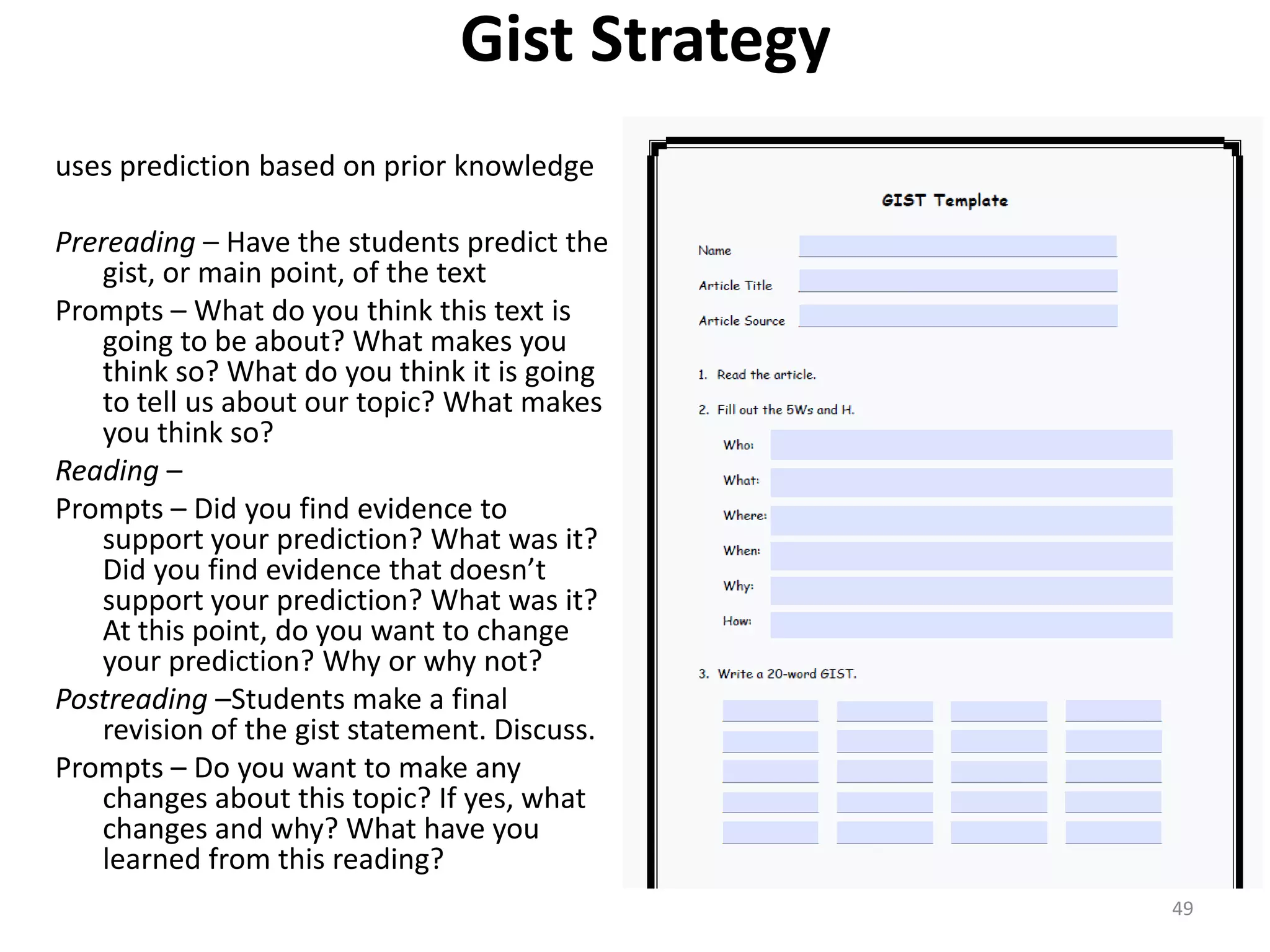Teaching Tips for NonfictionHelp students use images and visual imagery to improve reading comprehension.Select five to 10 pictures from a book the class will be reading. Show students the pictures and ask them which ones they think would be in a book titled [title of book].As a group, have students sort the pictures into three categories: in the book, not in the book, or not sure.Ask students to cite the reasons.After reading, ask students to rearrange the pictures into the correct categories and discuss their reasons for moving them.46