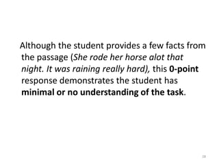 The student provides text-based answers for the first part of the task. (She got people to stop the British in Danbury. She rode a lot on the horse to tell people.) However, the last sentence does not provide enough information or elaboration to complete the second half of the task. (So other people will be influenced like the local soldiers who were gathered at her father’s farmhouse that night.) Without further elaboration, this 2-point response demonstrates a partial understanding of the required task.26