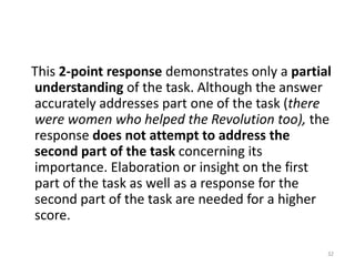      This 4-point response demonstrates that the student synthesized the text and understood the task. The student makes the connection between Sybil Ludington’s actions and the influence such actions can have on both historical outcomes (without each person’s help, the events of history may have happened different) and the present.     (Just like Sybil Ludington I did the best I could and made many friends the first day.)      The details are accurate and the personal insights provided demonstrate that the student draws a logical, meaningful conclusion to the text. (It is also important to know     that even a teenage girl can do great things. That way, I know that I can do great things if I choose to.)30