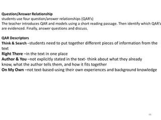 Reading Expository Text:Before reading, list or make a webbing of what students know about the topic. Brainstorm and list questions students have about the topic. Have students view the text for clues to the content. Preview the table of contents, illustrations, headings and sub-headings. Encourage students to predict the content. Read, or have students read, portions of the text. Have students recall significant details. Compare students' predictions to the text. 45