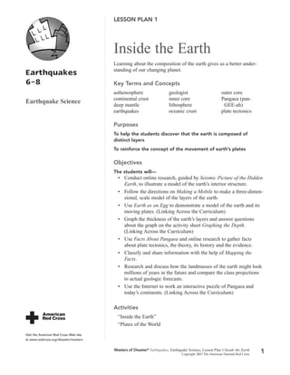 LESSON PLAN 1

Inside the Earth
Earthquakes
6–8
Earthquake Science

Learning about the composition of the earth gives us a better understanding of our changing planet.

Key Terms and Concepts
asthenosphere
continental crust
deep mantle
earthquakes

geologist
inner core
lithosphere
oceanic crust

outer core
Pangaea (panGEE-ah)
plate tectonics

Purposes
To help the students discover that the earth is composed of
distinct layers
To reinforce the concept of the movement of earth’s plates

Objectives
The students will—

• Conduct online research, guided by Seismic Picture of the Hidden
Earth, to illustrate a model of the earth’s interior structure.
• Follow the directions on Making a Mobile to make a three-dimensional, scale model of the layers of the earth.
• Use Earth as an Egg to demonstrate a model of the earth and its
moving plates. (Linking Across the Curriculum)
• Graph the thickness of the earth’s layers and answer questions
about the graph on the activity sheet Graphing the Depth.
(Linking Across the Curriculum)
• Use Facts About Pangaea and online research to gather facts
about plate tectonics, the theory, its history and the evidence.
• Classify and share information with the help of Mapping the
Facts.
• Research and discuss how the landmasses of the earth might look
millions of years in the future and compare the class projections
to actual geologic forecasts.
• Use the Internet to work an interactive puzzle of Pangaea and
today’s continents. (Linking Across the Curriculum)

Activities
“Inside the Earth”
“Plates of the World
Visit the American Red Cross Web site
at www.redcross.org/disaster/masters

Masters of Disaster® Earthquakes, Earthquake Science, Lesson Plan 1/Inside the Earth
Copyright 2007 The American National Red Cross

1

 