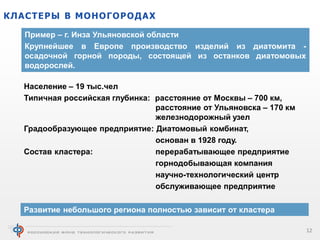 КЛАСТЕР Ы В МОНОГОР ОД АХ
Пример – г. Инза Ульяновской области
Крупнейшее в Европе производство изделий из диатомита осадочной горной породы, состоящей из останков диатомовых
водорослей.
Население – 19 тыс.чел
Типичная российская глубинка: расстояние от Москвы – 700 км,
расстояние от Ульяновска – 170 км
железнодорожный узел
Градообразующее предприятие: Диатомовый комбинат,
основан в 1928 году.
Состав кластера:
перерабатывающее предприятие
горнодобывающая компания
научно-технологический центр
обслуживающее предприятие
Развитие небольшого региона полностью зависит от кластера
12

 