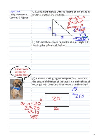 Topic Two:           1.  Given a right triangle with leg lengths of 8 in and 10 in, find 
Using Roots with     find the length of the third side.
Geometric Figures




                     2.) Calculate the area and perimeter  of a rectangle with 
                     side lengths                and                .




     I always wag 
     my tail for 
     square roots.
                     3.) The area of a dog cage is 20 square feet.  What are 
                     the lengths of the sides of the cage if it is in the shape of a 
                     rectangle with one side 2 times longer than the other?




                                                                                        5
 