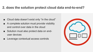 STORYBOAR
2. does the solution protect cloud data end-to-end?
■ Cloud data doesn’t exist only “in the cloud”
■ A complete solution must provide visibility
and control over data in the cloud
■ Solution must also protect data on end-
user devices
■ Leverage contextual access controls
 