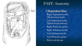 FAST: Anatomy
7 Dependent Sites
1. Right Supramesocolic
(Morison’s pouch)
2. Left Supramesocolic
(Splenorenal rescess)
3. Right Pericolic gutter
4. Right Inframesocolic
5. Left Inframesocolic
6. Left Pericolic gutter
7. Pelvic cul-de-sac
 