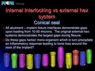 Internal interlocking vs external hex
                   system
                      Conical seal
v  Allabutment – implant fixture interfaces demonstrate gaps
    upon loading from 10-50 microns. The original external hex
    systems demonstrates the largest gaps during flexure.
v  Do these gaps harbor micro-organism which in turn precipitate
    an inflammatory response leading to bone loss around the
    neck of the implant?
 