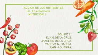 ACCION DE LOS NUTRIENTES
Lic. En enfermería
NUTRICION 1
EQUIPO 2 :
EVA G.DE LA CRUZ.
JAKELINE DE LA CRUZ.
YARITZA N. GARCIA.
JUAN H GUERRA.
 