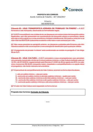 PROPOSTA DOS CORREIOS
Acordo Coletivo de Trabalho – ACT 2016/2017
TITULO V
DOS BENEFÍCIOS
Empresa BrasileiradeCorreios e Telégrafos – ECT
Cláusula 52 - VALE TRANSPORTE E JORNADA DE TRABALHO "IN ITINERE" – A ECT
fornecerá o vale transporte, observando as formalidades legais.
§1º A ECTcompartilhará, nos moldes da lei, as despesas com outros meios de transporte coletivo
legalizados, que não apresentam as características de transporte urbano e semiurbano, desde
que seja a única opção ou a mais econômica, limitado à distância de 120 (cento e vinte) km e ao
valor total de R$ 673,06 (seiscentos e setenta e três reais e seis centavos) por mês.
§2° Nos casos previstos no parágrafo anterior, as despesas custeadas pela Empresa não têm
natureza salarial e não se incorporam à remuneração do beneficiário para quaisquer efeitos.
§3° O pagamento da jornada “in itinere” está condicionado ao contido no parágrafo 2° do Artigo
58 da CLT.
Cláusula 53 - VALE CULTURA – A ECT concederá a seus empregados(as), que percebam
remuneração mensal até o limite de 5 (cinco) salários mínimos, o Vale Cultura instituído pela Lei
12.761, de 27/12/2012, regulamentado pelo Decreto nº. 8.084 de 26 de agosto de 2013, no valor
único mensal de R$ 50,00 (cinquenta reais), respeitado o compartilhamento e a opção do(a)
empregado(a), não tendo natureza remuneratória.
§1º O percentual de compartilhamento do Vale Cultura, ocorrerá na forma descrita abaixo:
I - até um salário mínimo – dois por cento.
II - acima de um salário mínimo e até dois salários mínimos – quatro por cento.
III - acima de dois salários mínimos e até três salários mínimos – seis por cento.
IV - acima de três salários mínimos e até quatro salários mínimos – oito por cento.
V - acima de quatro salários mínimos e até cinco salários mínimos – dez por cento.
§2º O valor do Vale Cultura será reajustado na forma da Lei.
Proposta dos Correios: Exclusão da Cláusula.
*****
 